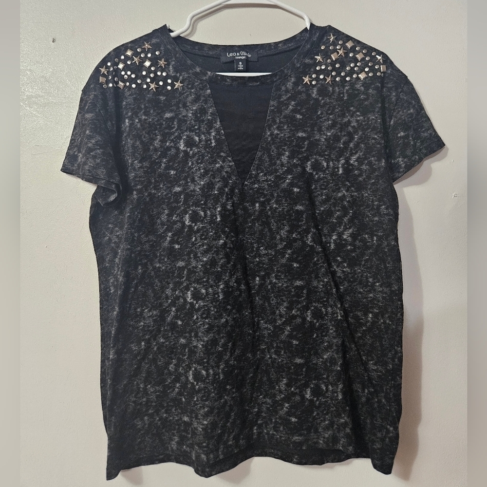 Lea&viola short sleeve tee with rhinestone shoulders!